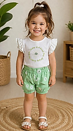 Papatya desenli yeşil şortlu takım