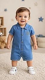 Güneş nakışlı cep detaylı mavi bebek tulumu