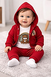 Ayı desenli kapşonlu kırmızı zıbınlı takım