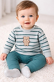 Ayıcık işlemeli çizgili takım