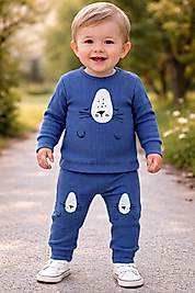 Kedi nakışlı erkek bebek takım