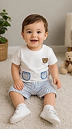 Ayıcık işlemeli beyaz tişört çizgili şortlu takım