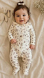 Bej rengi çiçek desenli bebek yakalı tulum