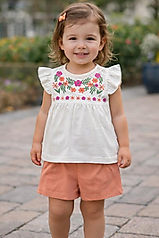 Çiçek işlemeli beyaz bluzlu şortlu takım