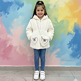 Kalp baskılı çantalı peluş mont