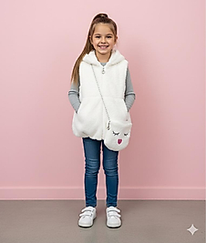 Beyaz çantalı peluş yelek