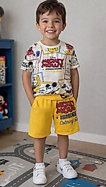 Pamuklu bisiklet yaka mickey mouse baskılı şort takım
