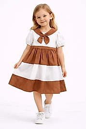 2-3-5 yaş Yaka detaylı şeritli balon kol elbise