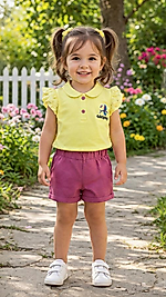 Sarı bir polo yaka tişört mor şortlu takım