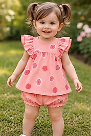 İncir desenli fırfır kollu şortlu takım