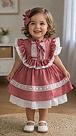 Fırfırlı ve dantel detaylı pembe elbise