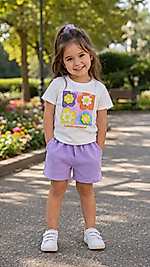 Lila renkli çiçek baskılı şortlu takım