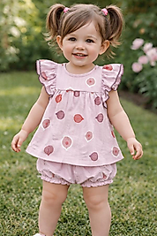 İncir desenli fırfır kollu mor şortlu takım