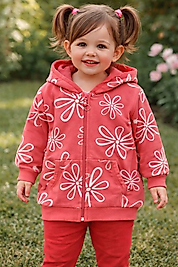 Çiçek baskılı kanguru cepli kapüşonlu kız ceket