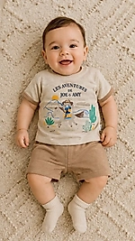 Bej rengi tişört ve kahverengi şortlu takım