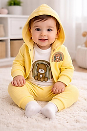 Ayı desenli kapşonlu zıbınlı takım