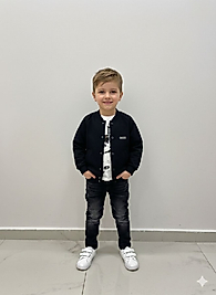 2-9 yaş siyah ceketli siyah kot pantolonlu erkek çocuk üçlü takım