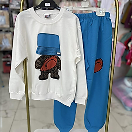 Şapkalı ayıcık baskılı mavi takım