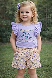 Çiçek desenli mor dokuma şortlu takım