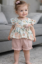 Çiçek desenli fırfırlı bluz şortlu takım