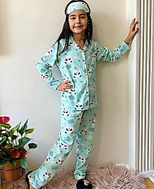 Yeşil panda baskılı kız çocuk gecelik