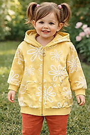 Çiçek baskılı kanguru cepli kapüşonlu sarı ceket