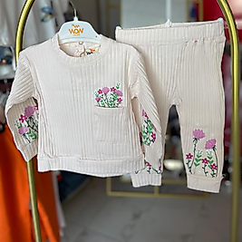 Kız bebek krem rengi çiçekli takım