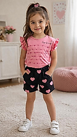 Kalp desenli ve fırfırlı kollu kız çocuk tişörtlü şortlu takım
