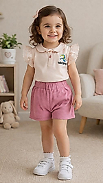 Nakışlı bebe yaka bluz gül kurusu şortlu takım