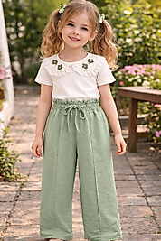 3-6 yaş arası bebe yaka detaylı bol paçalı yeşil renk takım