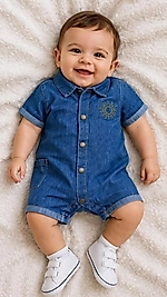 Güneş nakış işlemeli çıtçıtlı kısa kollu kot tulum