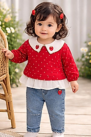 Çilek fisto yakalı kot pantolonlu takım