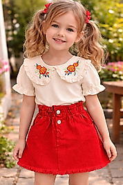 3-10 yaş arası kırmızı kot etek bebe yaka tşört