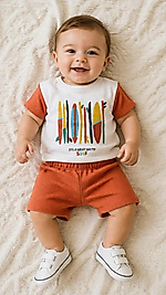 Sörf tahtası baskılı kısa kollu pamuklu erkek bebek takım