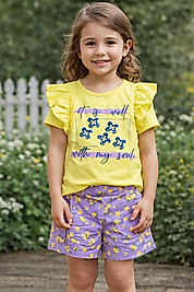 Çiçek desenli sarı dokuma şortlu takım