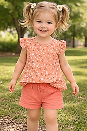 Çiçek baskılı Kol ve bel fırfırlı müslin kız bebek