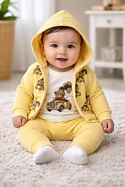 Kapşonlu ayı baskılı zıbınlı bebek takım