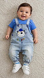 Kedi nakışlı mavi tişörtlü kot bebek slopet