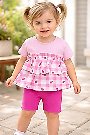 Çilek baskılı mor fırfırlı 2'li takım