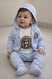 Ayı desenli kapşonlu mavi zıbın takım