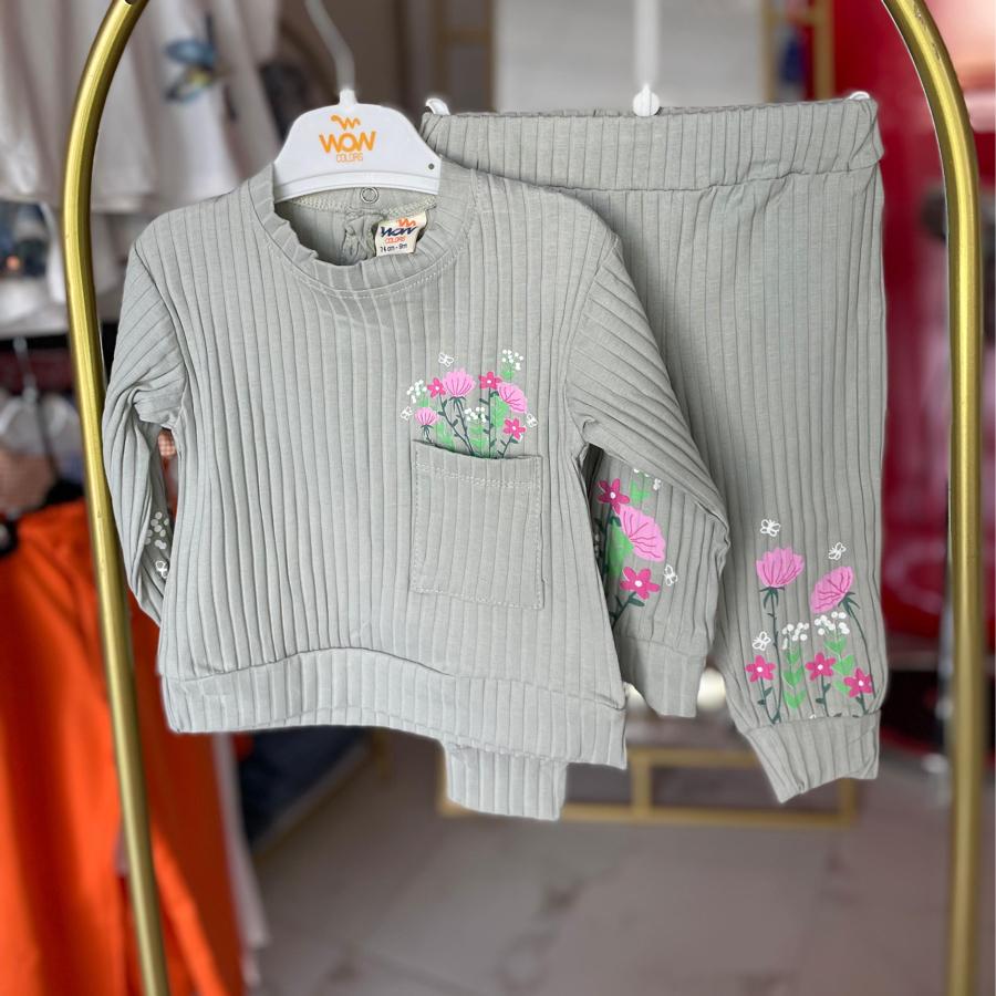 Kız bebek cep detaylı çiçekli takım