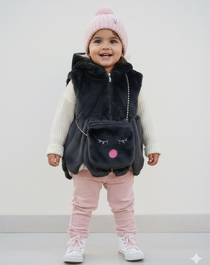 Siyah çantalı peluş yelek