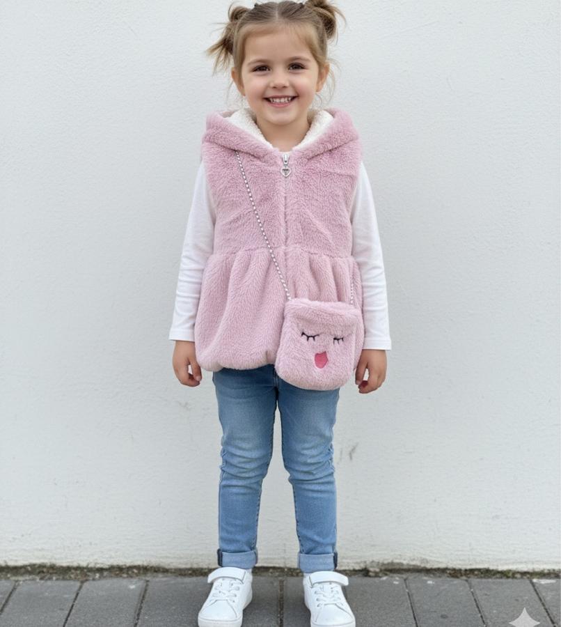 Pudra pembe çantalı peluş yelek