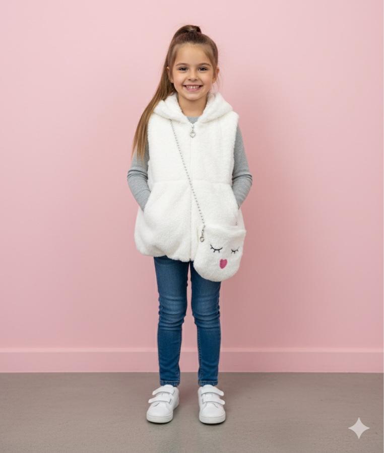 Beyaz çantalı peluş yelek