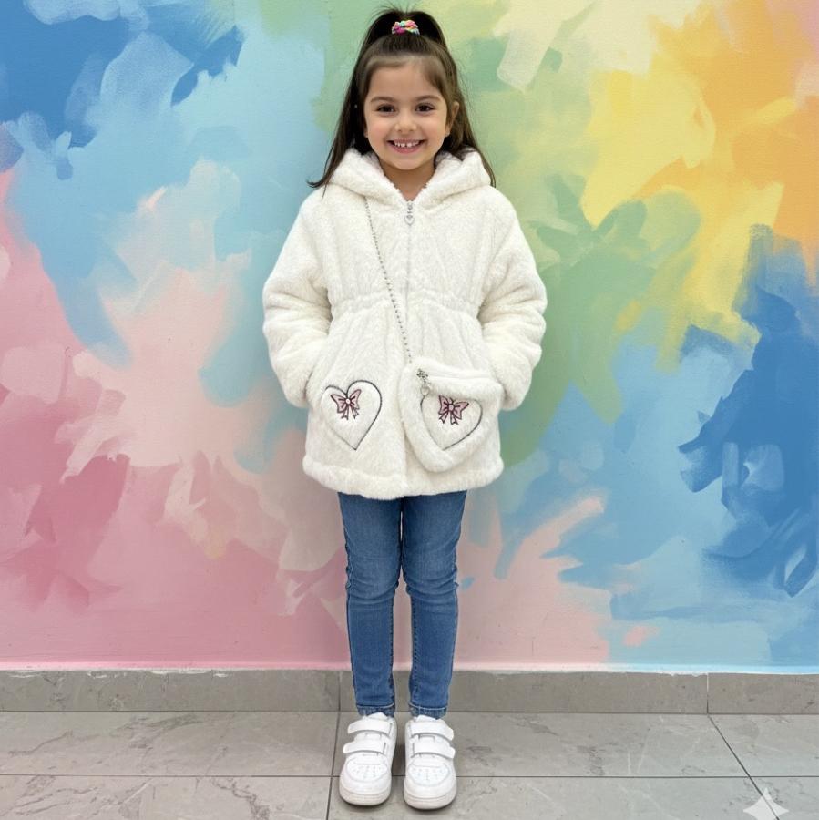 Kalp baskılı çantalı peluş mont