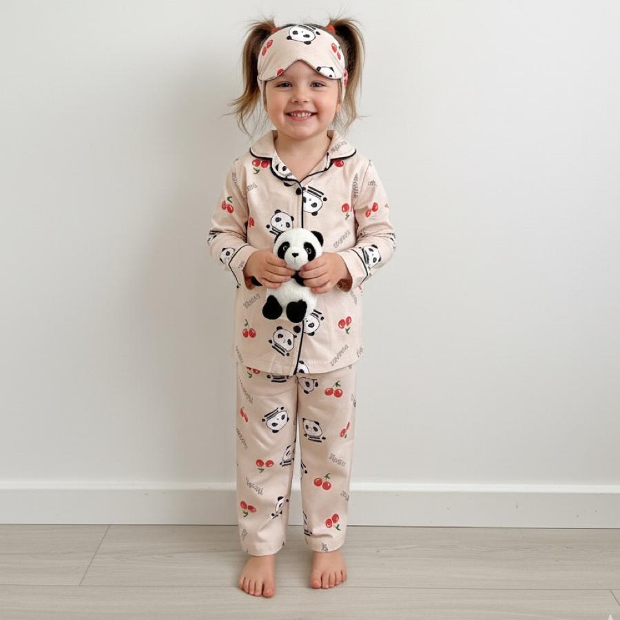 Panda ve kiraz baskılı kız çocuk gecelik