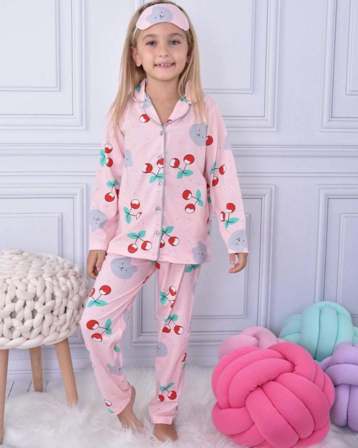 Kiraz baskılı kız çocuk gecelik