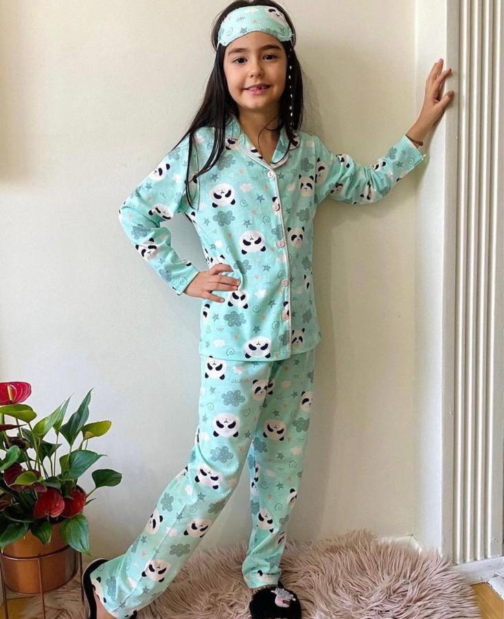 Yeşil panda baskılı kız çocuk gecelik