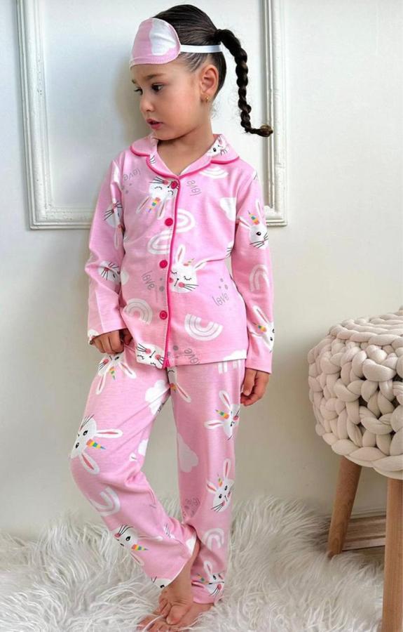 Pembe kalp tavşan ve love baskılı kız çocuk gecelik