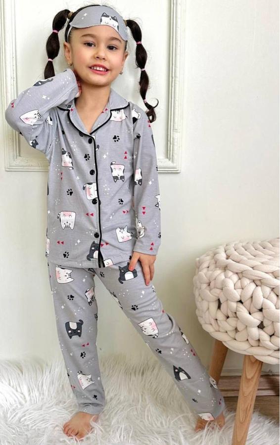 Gri kedi baskılı kız çocuk gecelik
